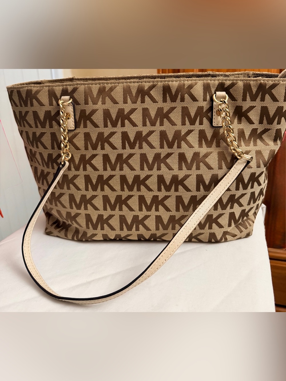 Michael Kors Brown and Beige MK Logo Tote with Gold Chain Straps
